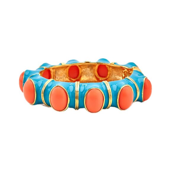 Kenneth Jay Lane, Enamel and Cabochon Hinged Bracelets, White/Coral - Picture 6 of 7